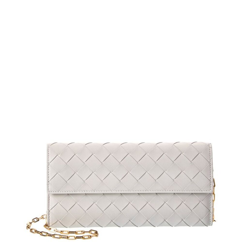 Bottega Veneta Intrecciato Leather Chain Wallet, White